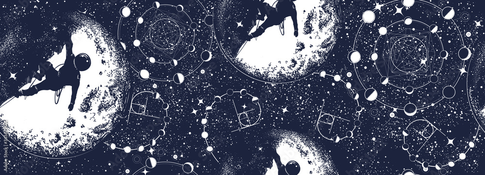 Astronaut, moon and night sky. Seamless pattern. Black and white graphics. Spaceman and new planets. Symbol of astronomy, science and universe - obrazy, fototapety, plakaty 