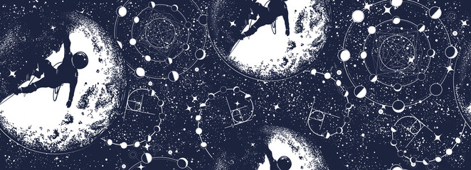 astronaut, moon and night sky. seamless pattern. black and white graphics. spaceman and new planets.