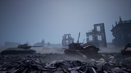 Wall Mural - Military tanks from the second world war lie smashed on the battlefield next to human remains and the ruins of houses. The concept of war and the Apocalypse. 3D Rendering