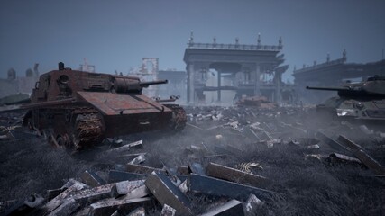 Wall Mural - Military tanks from the second world war lie smashed on the battlefield next to human remains and the ruins of houses. The concept of war and the Apocalypse. 3D Rendering