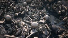 Terrible Old Skulls And Bones On The Field Of The Past Battle. The Concept Of War And The Apocalypse. 3D Rendering