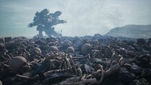 Military Mech Are Walking On A Battlefield Covered With Human Bones And Skulls. The Concept Of The Future Apocalypse. 3D Rendering