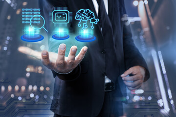 Poster - Man demonstrating machine learning model with different icons and night cityscape on background, closeup