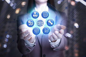 Poster - Woman demonstrating machine learning model with different icons, closeup