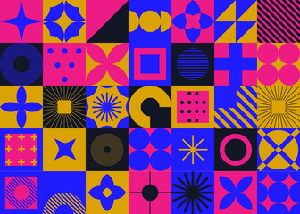 Poster - Modern geometric seamless pattern with bold simple shapes in Bauhaus and Neo-memphis retrofuturistic style. Trendy vivid fashion print with minimal composition.