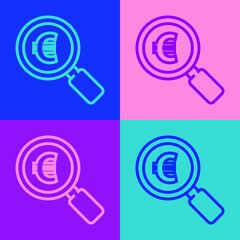 Canvas Print - Pop art line Magnifying glass and euro symbol icon isolated on color background. Find money. Looking for money. Vector Illustration.