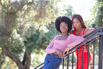 Wall Mural - Portrait of two African American women standing next to each other in the park.