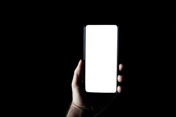 male hand holding smartphone white screen