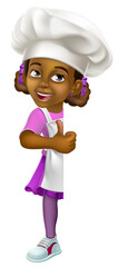 A young black little girl cartoon child character chef, cook or baker kid peeking around a background sign and giving a thumbs up.