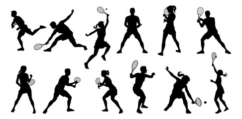 Poster - A set of tennis player man and woman silhouette sports people design elements