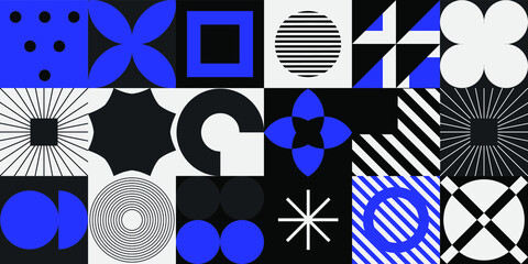 Poster - Modern geometric seamless pattern with bold simple shapes in Bauhaus and Neo-memphis retrofuturistic style. Trendy vivid fashion print with minimal composition.