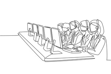 Poster - One single line drawing group of male and female customer service team members answer complaint phone call from clients kindly. Call center concept continuous line draw design vector illustration