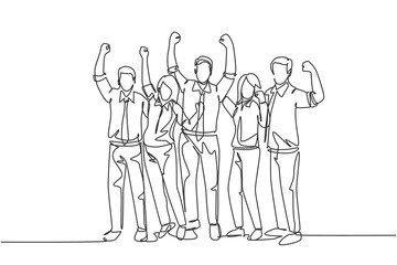 Wall Mural - One single line drawing group of young happy male and female workers jumping in the office room together. Business teamwork celebration concept continuous line draw design vector illustration graphic