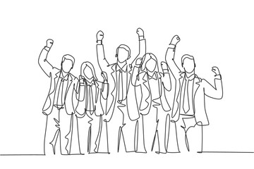 Poster - one continuous line drawing of young happy male and female workers line up neatly at the meeting roo