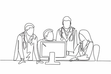 Wall Mural - One continuous line drawing group of young doctor discuss proper treatment while watching patient medical report on computer. Hospital health care concept single line draw design vector illustration