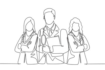 Poster - One continuous single line drawing group of young male and female doctors pose standing together while holding medical report. Teamwork medical concept single line draw design vector illustration