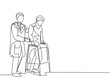 © Simple Line - Single continuous single line drawing of young male doctor give help to the patient to walk therapy using crutch at hospital. Medical treatment service concept one line draw design vector illustration
