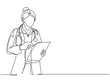 © Simple Line - One single line drawing of young female doctor reading patient medical record on clipboard while stand at hospital hallway. Medical health care concept continuous line draw design vector illustration