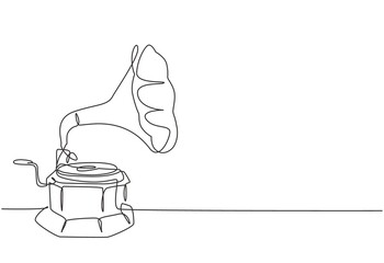 Poster - Single continuous line drawing of old retro analog vinyl gramophone with wooden table box . Nostalgic vintage classic music player concept. Musical instrument one line draw design vector illustration