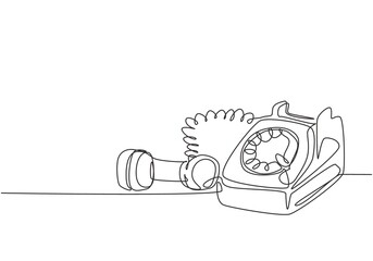 Poster - one continuous line drawing of old vintage antique analog desk telephone to communicate. retro class
