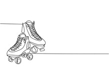 One Single Line Drawing Of Pair Of Old Retro Plastic Quad Roller Skate Shoes. Trendy Vintage Classic Sport Concept Continuous Line Draw Graphic Design Vector Illustration