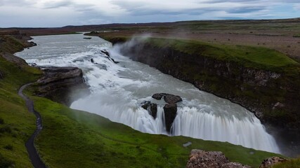 Poster - Iceland travel Gullfoss waterfall tourist attraction destination. Icelandic waterfalls, famous attraction on the Golden circle. AKA Golden Falls.