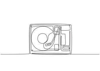 Poster - Single continuous line drawing of retro old classic portable music turntable vinyl disc jockey. Vintage analog audio player item concept one line graphic draw design vector illustration