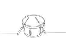 One Single Line Drawing Of Little Drum With Drum Sticks. Percussion Music Instruments Concept. Dynamic Continuous Line Draw Design Graphic Vector Illustration