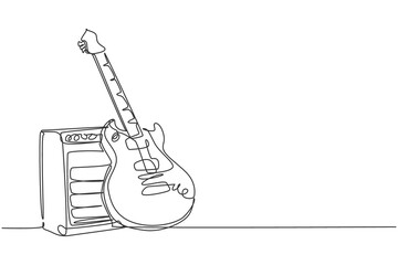 Poster - One single line drawing of electric guitar with amplifier. Stringed music instruments concept. Trendy continuous line draw graphic design vector illustration