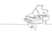 One Single Line Drawing Of Luxury Wooden Grand Piano. Modern Classical Music Instruments Concept Continuous Line Draw Design Vector Illustration Graphic