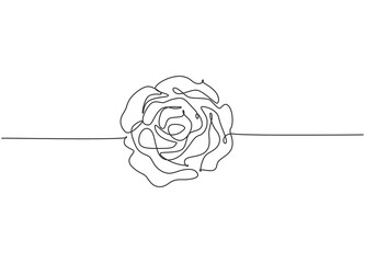 Single continuous line drawing of beautiful fresh romantic rose flower. Trendy greeting card, invitation, logo, banner, poster concept one line draw design vector graphic illustration