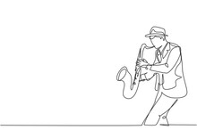 One Continuous Line Drawing Of Young Happy Male Saxophonist With Hat Performing To Play Saxophone On Music Concert. Musician Artist Performance Concept Single Line Draw Design Vector Illustration