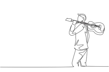 Poster - Single continuous line drawing of young happy male guitarist walking while carrying acoustic guitar oh his shoulder. Modern musician artist performance concept one line draw design vector illustration