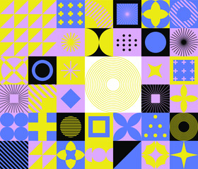 Poster - Modern geometric seamless pattern with bold simple shapes in Bauhaus and Neo-memphis retrofuturistic style. Trendy vivid fashion print with minimal composition.