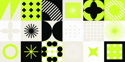 Poster - Modern geometric seamless pattern with bold simple shapes in Bauhaus and Neo-memphis retrofuturistic style. Trendy vivid fashion print with minimal composition.