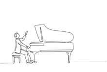 One Continuous Line Drawing Of Young Happy Male Pianist Playing Classic Grand Piano On Music Concert Theater Festival. Musician Artist Performance Concept Single Line Draw Design Vector Illustration