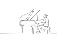 Single Continuous Line Drawing Of Young Happy Male Pianist Playing Classic Grand Piano On Music Concert Orchestra. Musician Artist Performance Concept One Line Draw Design Graphic Vector Illustration