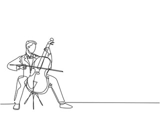 Poster - one single line drawing of young happy male cellist performing to play cello on classical orchestra 