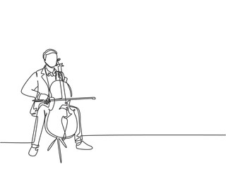 Poster - One single line drawing of young happy male cellist performing to play cello on classical orchestra theater. Musician artist performance concept continuous line draw graphic design vector illustration