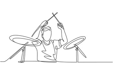 Poster - Single continuous line drawing of young happy male drummer performing to play drum on music concert stage. Musician artist performance concept one line draw design vector graphic illustration