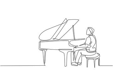 Poster - Single continuous line drawing of young happy male pianist playing classic grand piano on music concert orchestra. Musician artist performance concept one line draw design graphic vector illustration