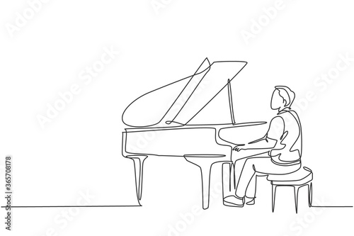 Fotografía Single continuous line drawing of young happy male pianist playing classic grand piano on music concert orchestra