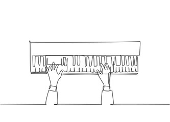 Poster - single continuous line drawing of young happy pianist playing keyboard of grand piano on music conce