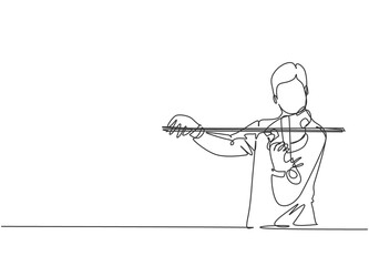 Poster - One single line drawing of male violinist performing to play violin on music festival. Trendy musician artist performance concept continuous line draw design graphic vector illustration