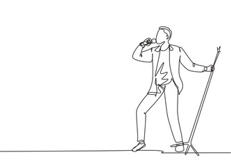 Poster - Single continuous line drawing of young happy male pop singer holding microphone and singing on music festival stage. Musician artist performance concept one line draw design vector illustration