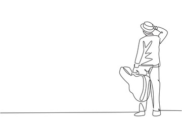 Poster - one single line drawing of young happy male guitarist standing and holding acoustic guitar case. dyn