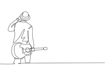 Poster - one continuous line drawing of young happy male guitarist wearing hat and holding acoustic guitar on