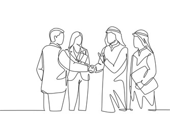 One continuous line drawing of young muslim business man handshake with his colleague. Saudi Arabian businessmen with shemag, kandura, scarf, and keffiyeh. Single line draw design vector illustration