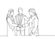 © Simple Line - One continuous line drawing of young muslim business man handshake his colleague. Saudi Arabian businessmen with shemag, kandura, scarf, keffiyeh clothing. Single line draw design vector illustration