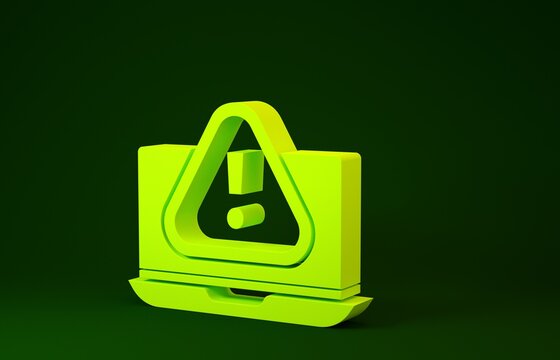 Yellow Laptop with exclamation mark icon isolated on green background. Alert message smartphone notification. Minimalism concept. 3d illustration 3D render.
